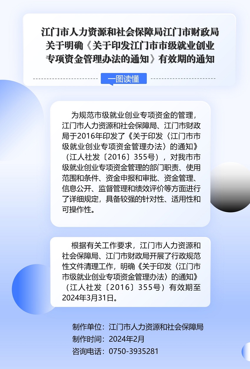 附件5：《江門市人力資源和社會保障局江門市財政局關(guān)于明確〈關(guān)于印發(fā)江門市市級就業(yè)創(chuàng)業(yè)專項資金管理辦法的通知〉有效期的通知》政策圖解.jpg